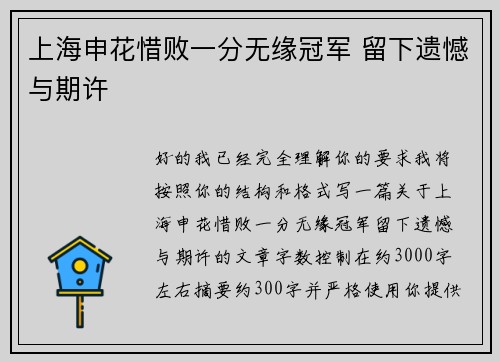 上海申花惜败一分无缘冠军 留下遗憾与期许